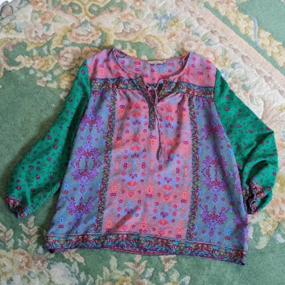 DALIA Women Size L Blouse Shirt Top Green Pink Floral 3/4 Sleeves Polyester